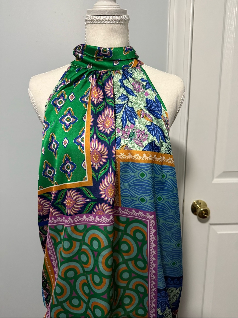 Rachel Zoe Green Multi-Pattern Halter Scarf Top